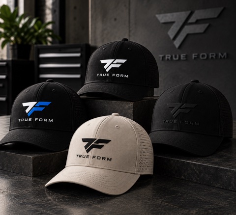 TRUEFORM DESIGNS caps in black, blue mark, and tan