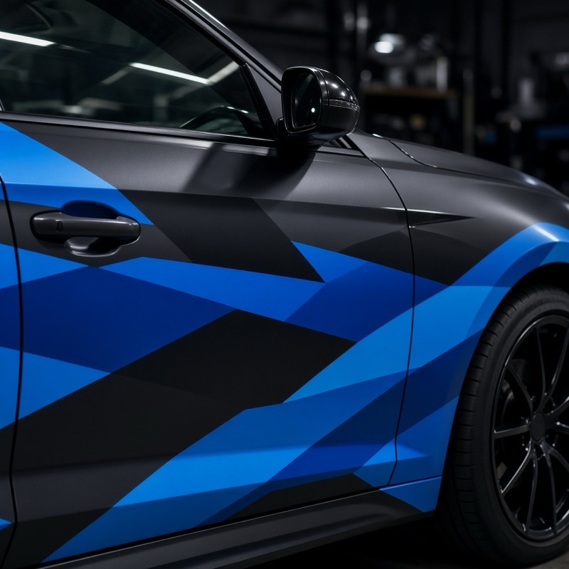 Dark car with blue geometric side graphics