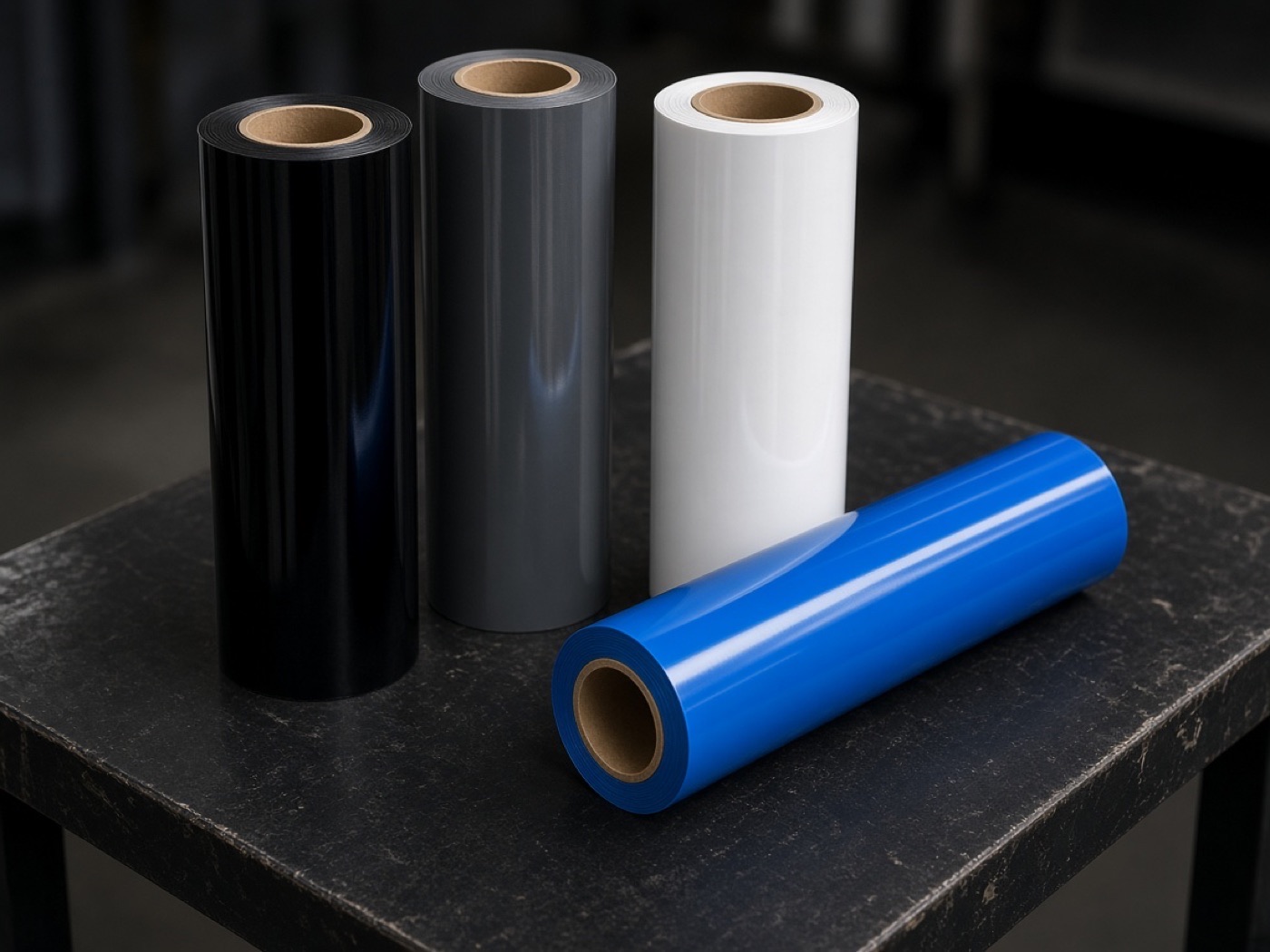 Rolls of gloss vinyl wrap in black, grey, white, and blue